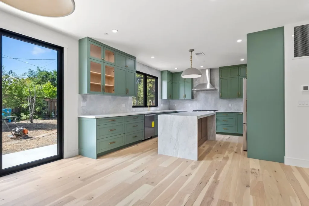 Green kitchen remodeling project by WW Builders in San Jose, Silicon Valley, California featuring custom cabinetry