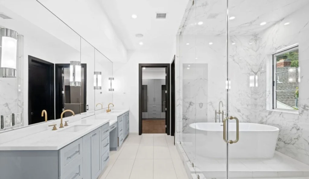 Luxury master bathroom remodeling project by WW Builders in Los Altos, California featuring marble finishes