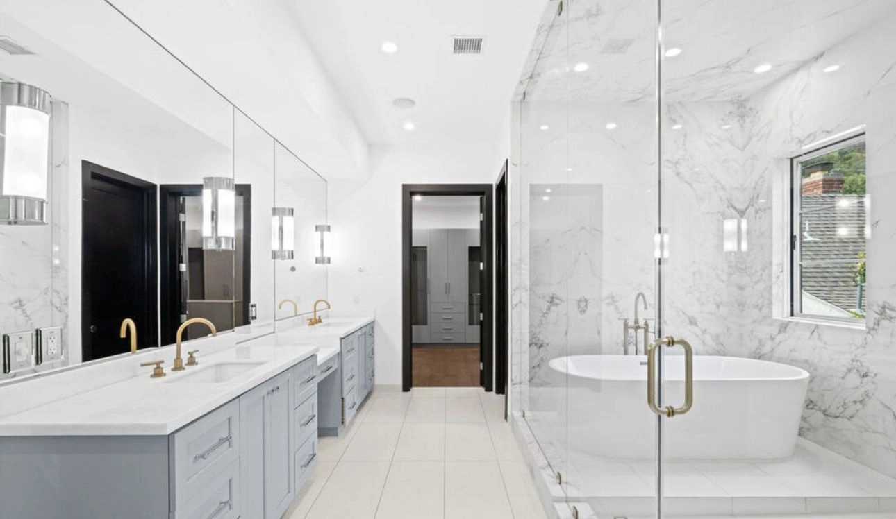 Luxury master bathroom remodeling project by WW Builders in Los Altos, California featuring marble finishes