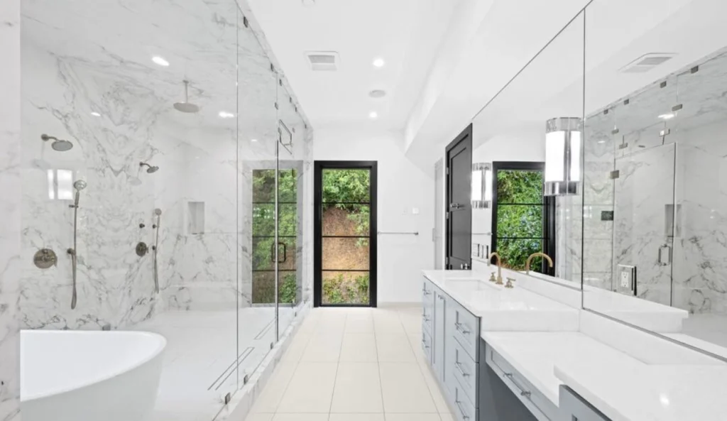 Modern white bathroom remodeling project by WW Builders in Silicon Valley, California