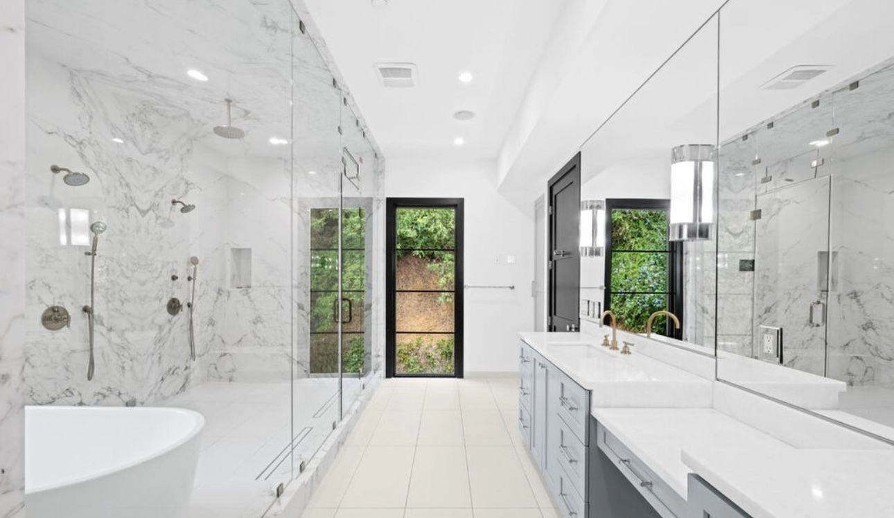 Modern white bathroom remodeling project by WW Builders in Silicon Valley, California